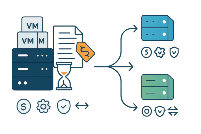 Alternative VMware en PME : serveur de VM, contrat avec étiquette de prix et sablier, flèches vers d’autres plateformes