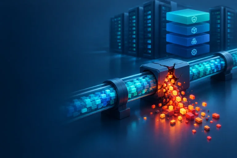 Conduite de données compressées dont un bloc fissuré laisse échapper des fragments, devant des baies de serveurs et une pile de couches logicielles