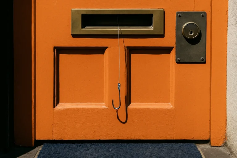 Hameçon suspendu à la fente à lettres d'une porte orange verrouillée, métaphore d'un incident cyber TPE PME