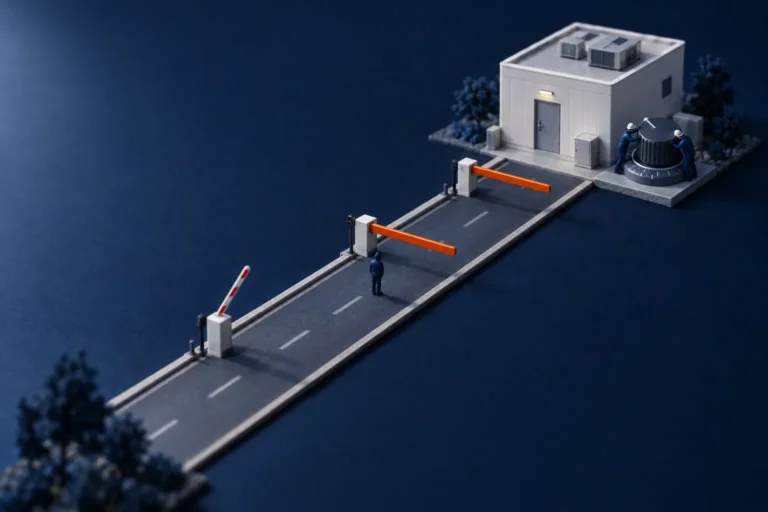 Maquette miniature illustrant la nouvelle faille PHP : trois barrières, deux fermées, protégeant un serveur
