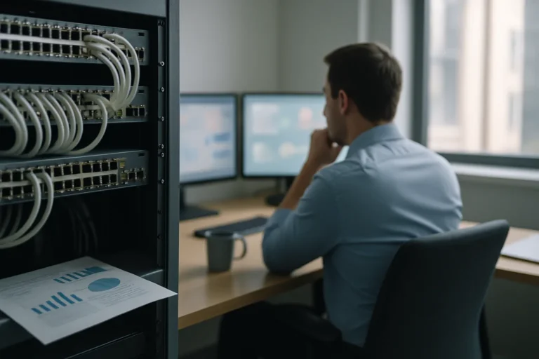 Employé devant deux écrans de bureau, baie réseau et graphiques au premier plan, illustrant le prêt Broadcom Anthropic