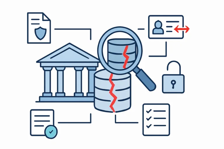 Bâtiment public, base de données fissurée sous une loupe, cadenas ouvert et checklist : illustration du rapport ANSSI DGFiP
