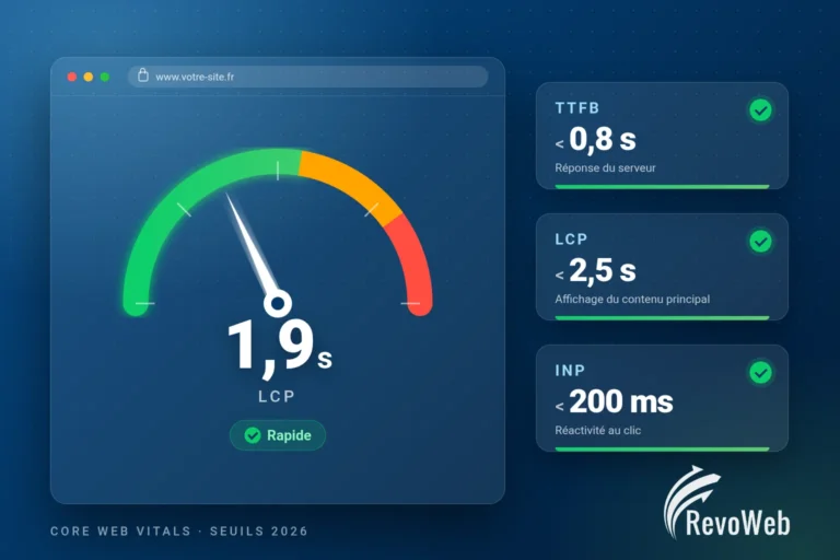 Jauge de temps de chargement d'un site web dans le vert, avec les seuils TTFB 0,8 s, LCP 2,5 s et INP 200 ms